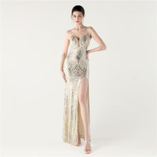 Load image into Gallery viewer, Sequined Evening Dress Sexy V neck Spaghetti Strap Cross Strap Fishtail Dress Red Carpet Cocktail