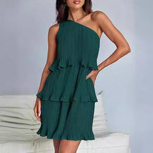 Load image into Gallery viewer, Spring Summer Women Clothing Oblique Shoulder Layered Stitching Hem Solid Color Dress Women