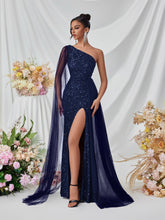 Load image into Gallery viewer, Shoulder Sequined Evening Dress Mesh Ribbon High Slit Design the Dinner Party Stage Maxi Dress