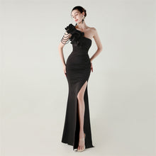 Load image into Gallery viewer, One Shoulder Craft Beading Wave Floral Satin High Slit Sexy Evening Dress Dinner Party Wedding Social
