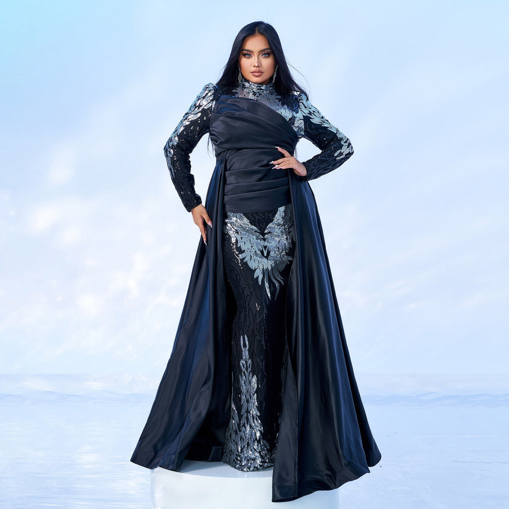High End Long Sleeve Crew Neck Long Sequined Cocktail Fishtail Evening Dress Bridesmaid Dress Women
