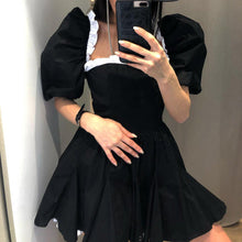 Load image into Gallery viewer, Black White Contrast Color Square Collar Puff Sleeve Sexy Backless Dress High Sense Women Clothing