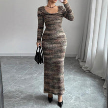 Load image into Gallery viewer, Autumn Slim Fit Slit round Neck Yarn Dyed Dress for Women