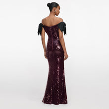 Load image into Gallery viewer, Coffee Color Colorful Sequin Long Evening Dress off Shoulder Black Bow Cocktail Fishtail Dress
