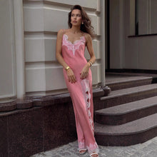 Load image into Gallery viewer, Lace Spaghetti Strap Maxi Dress Summer Artificial Silk Sexy Slit Stitching Lace Dress Women