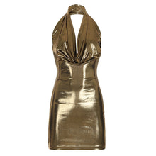 Load image into Gallery viewer, Metallic Glossy Features Swing Collar Sleeveless Halter Dress Backless Sheath Sexy Dress