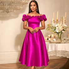Load image into Gallery viewer, Sexy off the Shoulder Puffy Pleated Waist Tight a Expansion Dress Cocktail Wedding Bridesmaid Midi Dress