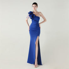 Load image into Gallery viewer, Single Shoulder Craft Beaded Nail Hair Wave Floral Satin High Slit Sexy Evening Dress Evening Cocktail Wedding