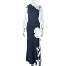 Load image into Gallery viewer, Black White Women Wear Stitched Backless Slit Sheath Dress Diagonal Collar Sleeveless Elegant Maxi Dress