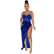 Load image into Gallery viewer, Suspenders Sequin Mesh See through Irregular Asymmetric Slit Dress Women