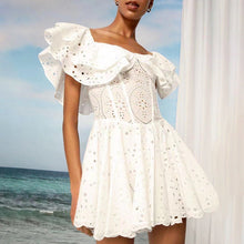 Load image into Gallery viewer, Summer Off Shoulder Lotus Leaf Embroidered Waist Slimming Vacation Dress Slim Fit Slimming Dress