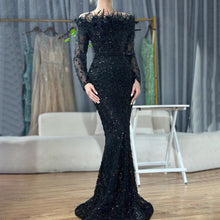 Load image into Gallery viewer, Black off Shoulder Feather Fishtail Gown Entry Lux Elegant Ladies Cocktail Host Evening Dress