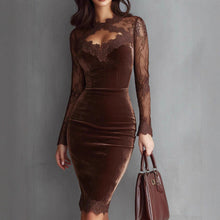 Load image into Gallery viewer, Sexy Lace See through Long Sleeve Dress V neck Lace Patchwork Waist Slimming Hip Wrap Dress