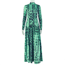 Load image into Gallery viewer, Retro Elegant Women Pleated Big Hem A line Dress Turtleneck Long Sleeve Printed Waist Controlled Dress