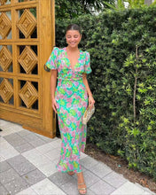 Load image into Gallery viewer, Summer French Puff Sleeve V neck Printing Dress