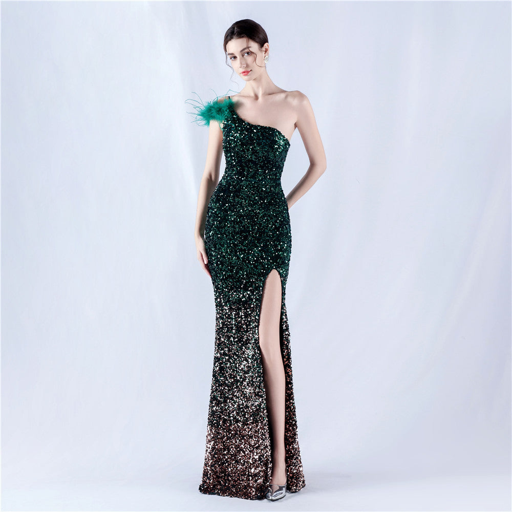 Dress Gradient Velvet Bottom Sequin Craft Order Ostrich Feather One Shoulder Diagonal Collar High Fork Evening Dress