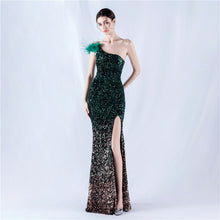 Load image into Gallery viewer, Dress Gradient Velvet Bottom Sequin Craft Order Ostrich Feather One Shoulder Diagonal Collar High Fork Evening Dress