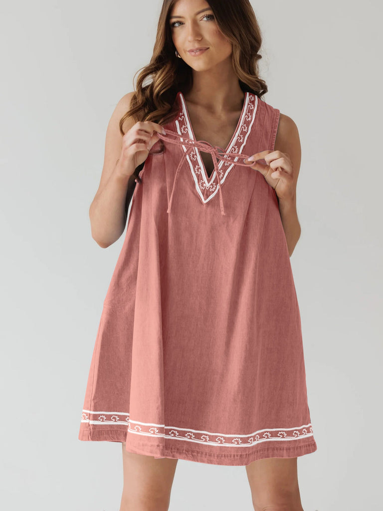 Summer Street Hipster V neck Sleeveless Embroidered Vest Denim Dress