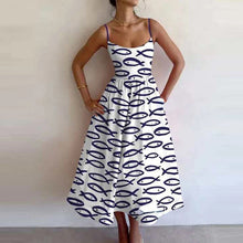 Load image into Gallery viewer, Spring Women Clothing Printing Pleated Waist Tight Large Swing Sling Dress