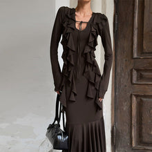Load image into Gallery viewer, Women Clothing Autumn Ruffles Lace up Long Sleeve Waist Dress