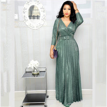 Load image into Gallery viewer, Winter African Women Wear Long Sleeve Bronzing Pleated Swing Dress with Belt Glittering Powder Fabric