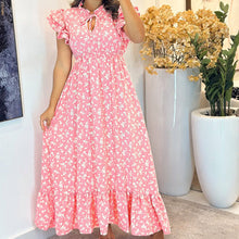 Load image into Gallery viewer, Women Clothing Summer Flying Sleeves High Waist Floral Print Large Swing Vacation Dress