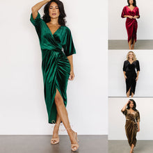 Load image into Gallery viewer, Pleuche Dress V neck Sexy Asymmetric Dress Evening Dress