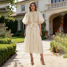 Load image into Gallery viewer, Elegant Retro Maxi Dress Spring Waist Tight Slimming Lace up Lantern Sleeve round Neck High Waist Dress