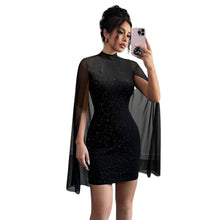 Load image into Gallery viewer, Turtleneck Dress Women Black Rhinestone Sequined Slim Fit Short Sleeve Mesh Stitching Inner Wear Dress