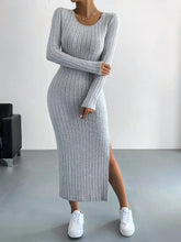 Load image into Gallery viewer, Autumn Winter Long Sleeve Crew Neck Split Knitted Maxi Dress Women