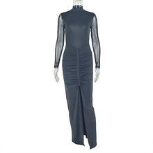 Load image into Gallery viewer, Slim Women Split Solid Color Hip Turtleneck Grenadine Sheer Long Sleeve Dress