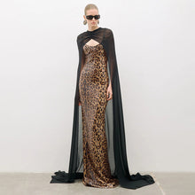 Load image into Gallery viewer, Elegant Sexy Leopard Print Sequin Cami Dress Dress Black Chiffon Cloak Two Piece Maxi Dress