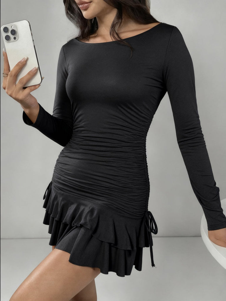 Sexy Slim Long Sleeve Tiered Dress Drawstring Graceful Fashionable Women Short Dress
