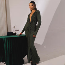 Load image into Gallery viewer, Sexy Slim Fit Deep V Plunge neck Dress Pleated Lace up Long Sleeve Sheath
