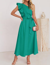 Load image into Gallery viewer, Women Maxi Dress Oblique Shoulder Wooden Ear Belt Dress Bridesmaid Toast Dress
