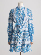 Load image into Gallery viewer, Spring Summer French Stand-up Collar Lace Lace up Waist Controlled Slimming Lantern Sleeves Dress Stitching Short Dress