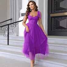 Load image into Gallery viewer, Fashionable Women Clothing Evening Dress Lace up Shoulder Pleated Hem Mesh Dress