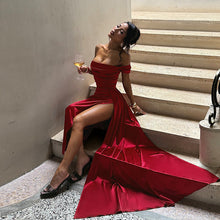 Load image into Gallery viewer, Off Shoulder Satin Dress for Women Autumn Sexy Split Dress