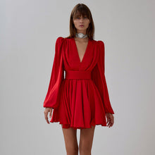 Load image into Gallery viewer, French Pleated Dress Women Puff Sleeve V neck Waist Seal Slimming Satin A line Dress