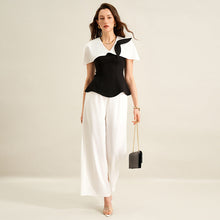 Load image into Gallery viewer, Shirt Long Twet Summer Elegant Office Black White Color Matching Women Clothing