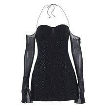 Load image into Gallery viewer, Mesh Long Sleeve Dress Sexy Steel Ring Halterneck off Shoulder Sequin Dress