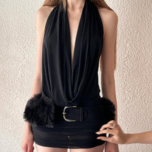 Load image into Gallery viewer, Hollowed out Backless Halter Deep V Plunge Hip Matching Mesh Dress Two Piece Set