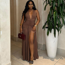 Load image into Gallery viewer, Women Clothing Solid Color Dress Sexy Sleeveless Deep V Plunge Neck Split Casual Waist Controlled Dress