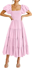 Load image into Gallery viewer, Summer Women Clothing Square Collar Backless Puff Sleeve Pleated Short Sleeves Dress