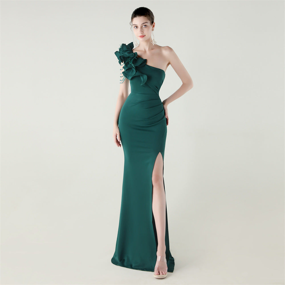 Single Shoulder Craft Beaded Nail Hair Wave Floral Satin High Slit Sexy Evening Dress Evening Cocktail Wedding