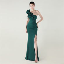 Load image into Gallery viewer, Single Shoulder Craft Beaded Nail Hair Wave Floral Satin High Slit Sexy Evening Dress Evening Cocktail Wedding