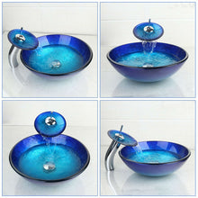 Load image into Gallery viewer, Modern Blue Glass Bathroom Vessel Sink and Faucet with Chrome Drain
