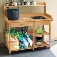 Load image into Gallery viewer, Outdoor Garden Wood Potting Bench Work Table with Sink in Light Oak Finish