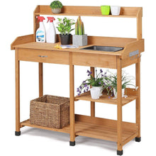 Load image into Gallery viewer, Outdoor Garden Wood Potting Bench Work Table with Sink in Light Oak Finish