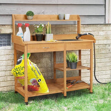 Load image into Gallery viewer, Outdoor Garden Wood Potting Bench Work Table with Sink in Light Oak Finish